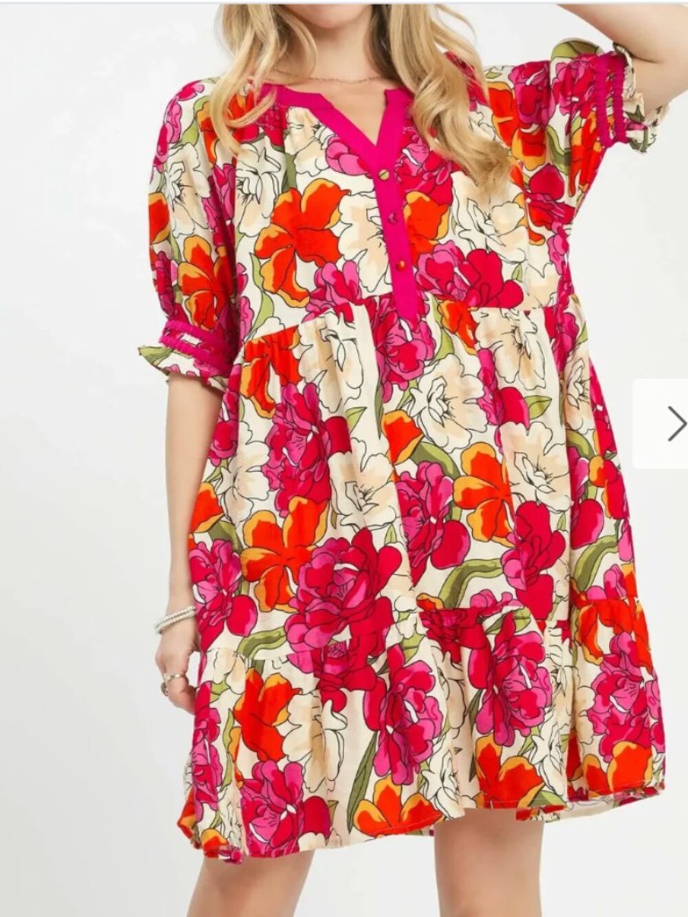 Umgee Floral Tiered Babydoll Dress SZ Med